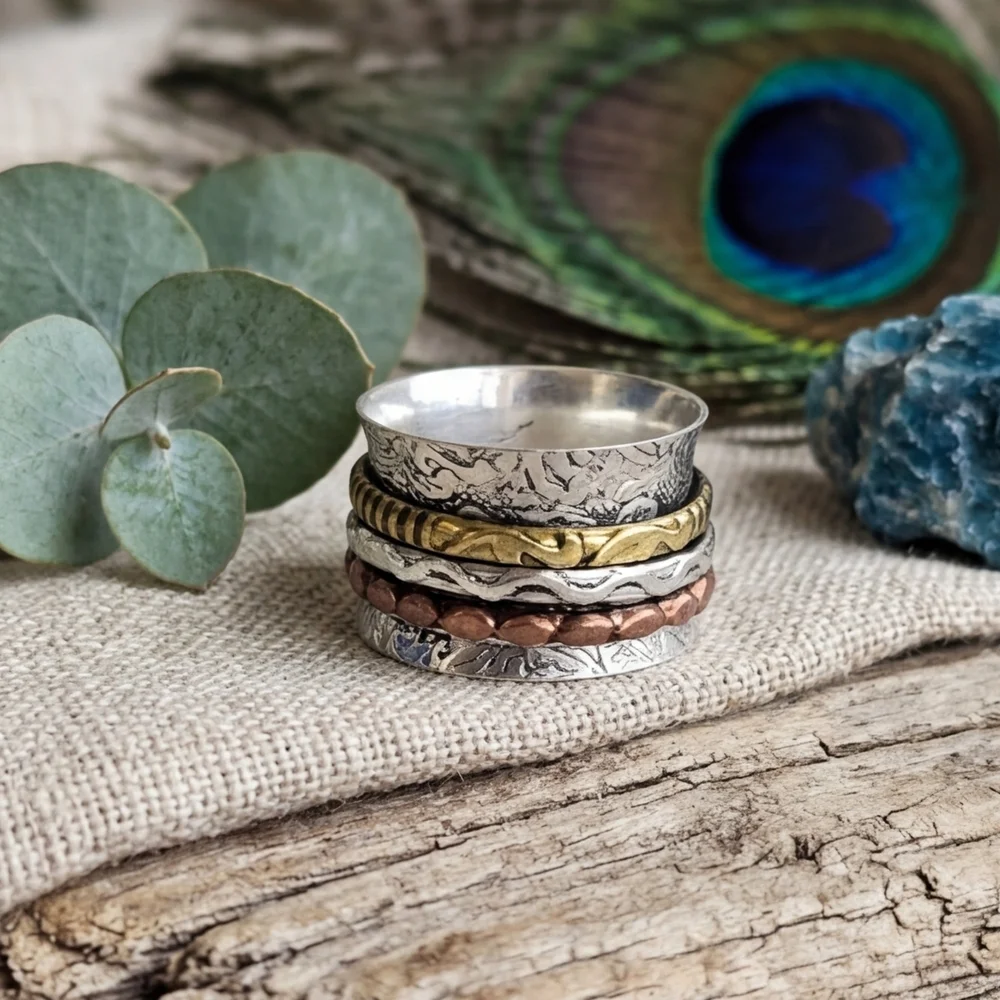 925 Sterling Silver Spinner Ring Brass Copper Mixed Metal Meditation Boho Sz 7.5